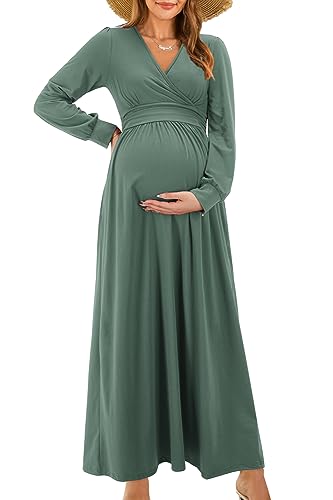 OUGES Fall Maternity Maxi Dresses Long Sleeve Wrap V Neck Baby Shower Dress Maternity Clothes 2023(Gray Green,L)