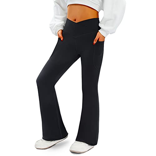 COPYLEAF Women's Flare Yoga Pants with Pockets-V Crossover High Waisted Bootcut Yoga Leggings-Flare Bell Bottom Workout Gym Leggings Black