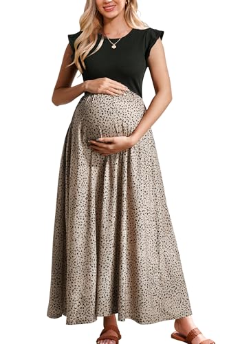 OUGES Women 2024 Spring Summer Floral Maxi Dresses Maternity Clothes Casual Long Fashion Photoshoot Dress with Pockets(Floral A,M)
