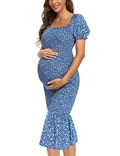 Maternity Summer Floral Midi Bodycon Dresses, Short Puff Sleeve Square Neck Ruffle Hem Mermaid Baby Shower Dress Blue S