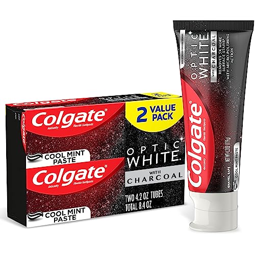 Colgate Optic White Charcoal Whitening Toothpaste, Cool Mint, Enamel-Safe with Fluoride, 2 Pack 4.2oz Tubes