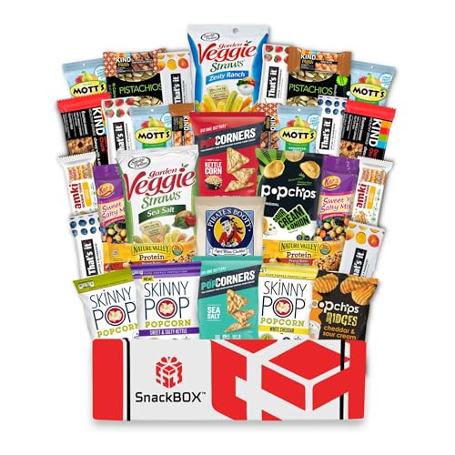 SnackBOX Gluten Free Healthy Snacks BOX Care Package Variety Pack (34 Count) Easter Basket College Students Exams Treats Military Finals Gift Baskets Guys Girls Adults Kids Grandkids Sampler Student Birthday Snack Packs Office Military Gift Ideas Over 3 LBS of Variety Pack Chips, Popcorn, and granola Bars.