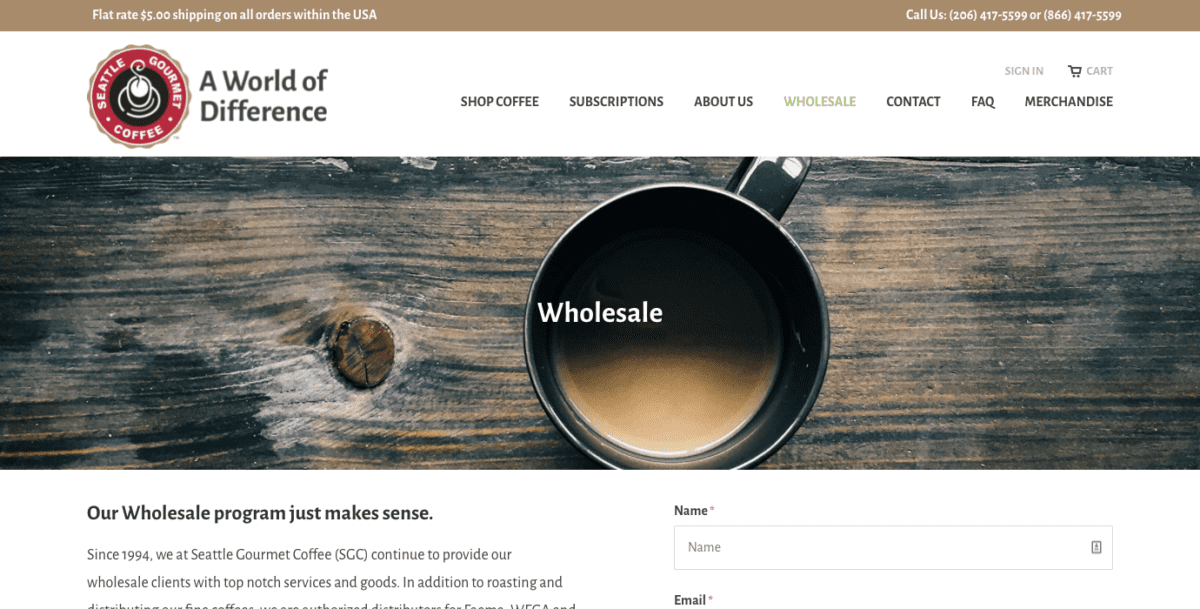 Seattle Gourmet Coffee Wholesale program page
